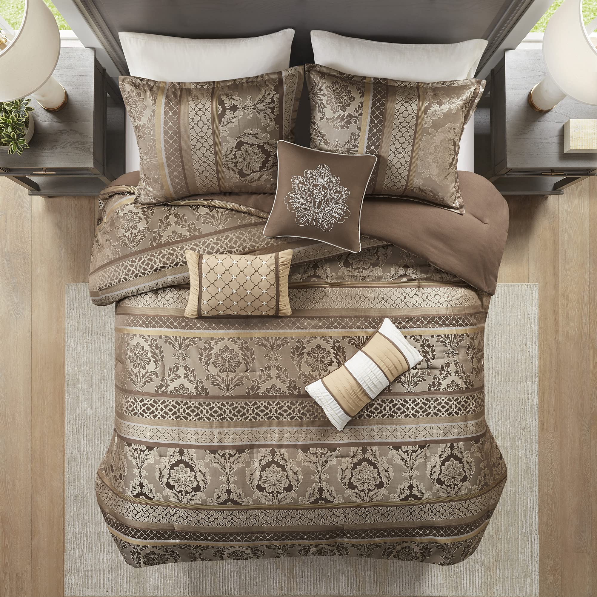 Brown Gold Jaquard Damask Bedding Set