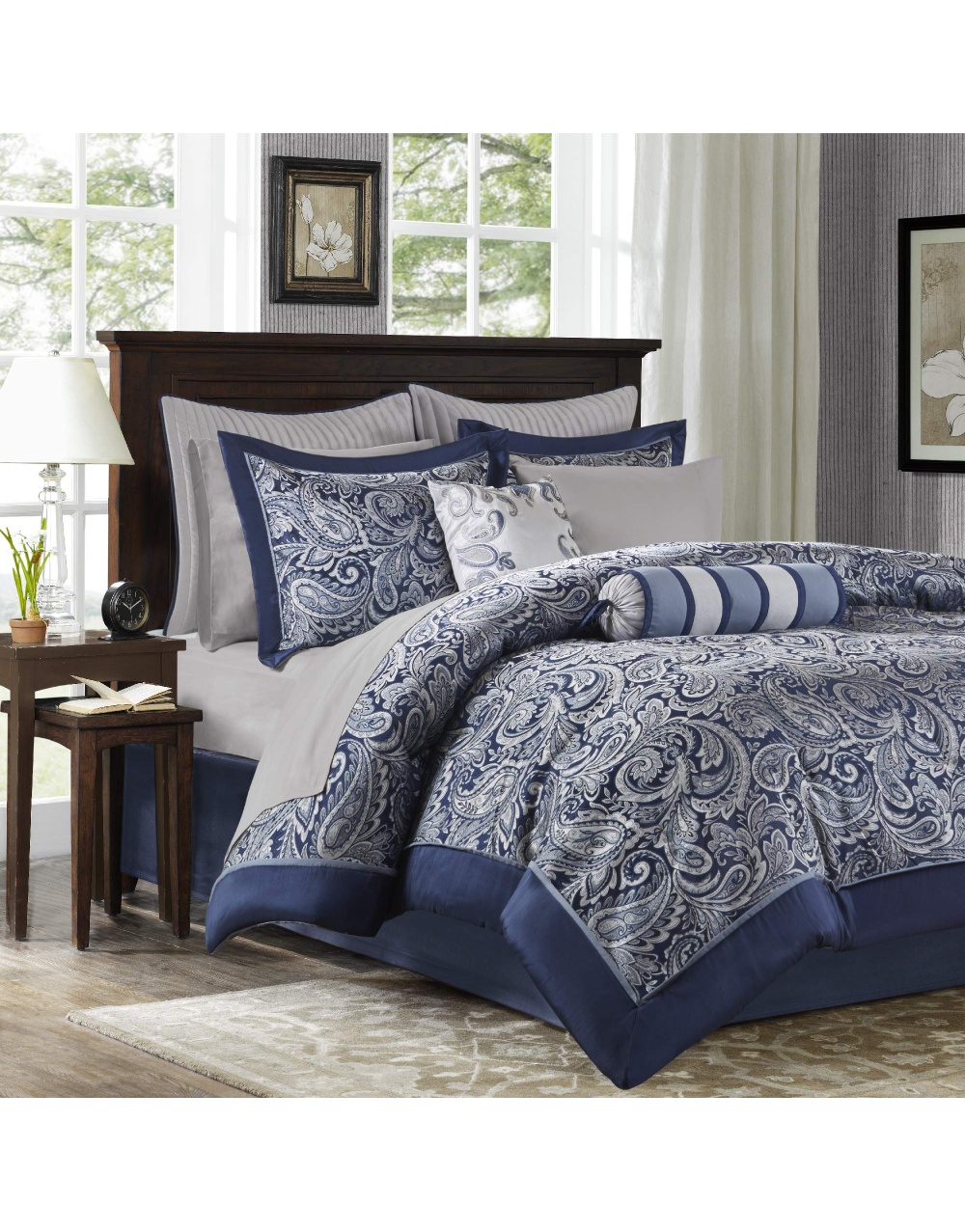 faux-silk-jacquard-bedding-set-navy-blue-1